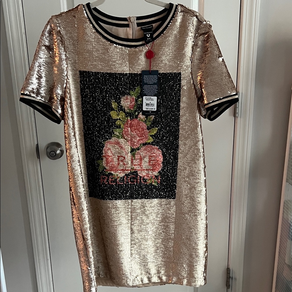 True Religion Gold Sequin Dress with Floral Design- size medium